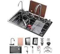 Stainless Steel Waterfall Kitchen Sink Combo with Pull-Out Faucet Nano-Coated Topmount Single Bar Bowl Sink, Workstation Sink with Accessories, Pressure Pot Washer(Black-Grey A,85x50cm)
