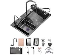 Stainless Steel Waterfall Kitchen Sink Combo with Pull-Out Faucet Nano-Coated Topmount Single Bar Bowl Sink, Workstation Sink with Accessories, Pressure Pot Washer(Black-Grey B,85x50cm)