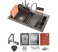 Stainless Steel Waterfall Kitchen Sink Combo With Pull-Out Faucet Nano-Coated Topmount Single Bowl Workstation Sink With Accessories, Pressure Pot Washer, Cutting Board, Draining Basket(Black-Grey,75x