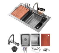 Stainless Steel Waterfall Kitchen Sink Combo With Pull-Out Faucet Nano-Coated Topmount Single Bowl Workstation Sink With Accessories, Pressure Pot Washer, Cutting Board, Draining Basket(Grigio,75x45cm