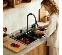 Stainless Steel Waterfall Kitchen Sink Combo With Pull-Out Faucet Nano-Coated Topmount Single Bowl Workstation Sink With Accessories, Pressure Pot Washer, Cutting Board, Draining Basket(Black-Grey B,8