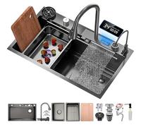 Stainless Steel Waterfall Kitchen Sink Combo With Pull-Out Faucet Nano-Coated Topmount Single Bowl Workstation Sink With Accessories, Pressure Pot Washer, Cutting Board, Draining Basket(Black-Grey A,6