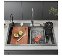 Stainless Steel Waterfall Kitchen Sink, Modern Multi-Functional Kitchen Sink with Pull-Out Faucet, Cup Washer, Large Single Bowl Workstation for Kitchens, Outdoor Spaces.(Black-Grey,65X50CM)