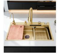Stainless Steel Waterfall Kitchen Sink, Modern Multi-Functional Kitchen Sink with Pull-Out Faucet, Cup Washer, Large Single Bowl Workstation for Kitchens, Outdoor Spaces.(Gold,65X50CM)