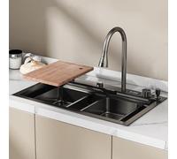 Stainless Steel Waterfall Utility Sink with Digital Display Drop-in/Undermount Pull-down Faucet Chopping Board & Cup Washer - 80 Size