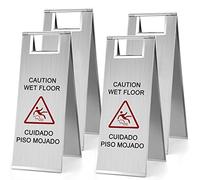 Stainless Steel Wet Floor Sign Wet Floor Caution Signs Bulk Portable Foldable Handle Bilingual Safety Sign for Kitchen Restaurant Supermarket Shop Commercial Use Avoid Fall and Slip Accident (4 Pcs)