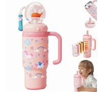 Stainless Steel Whale Fountain Tumbler with Handle - Two Lids, Spill-Proof, 710ml Drinking Cup with Whale Squirt, Cute & Perfect for Kids, Teens, and Adults, Dishwasher Safe (Pink-B)