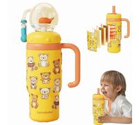 Stainless Steel Whale Fountain Tumbler with Handle - Two Lids, Spill-Proof, 710ml Drinking Cup with Whale Squirt, Cute & Perfect for Kids, Teens, and Adults, Dishwasher Safe (Yellow Bear)