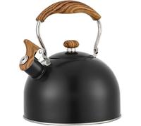 Stainless Steel Whistling Kettle with Signal Tone, Induction Compatible | Wood-grain handle, 24.8cm high, 19cm diameter, suitable for gas, electric, ceramic and halogen hobs.