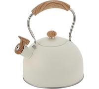 Stainless Steel Whistling Kettle with Signal Tone, Induction Compatible | Wood-grain handle, 24.8cm high, 19cm diameter, suitable for gas, electric, ceramic and halogen hobs.