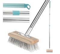 Stainless Steel Wire Broom with Long Handle Heavy Duty Wire Broom Stiff Metal Bristle Deck Scrub Brush for Removing Weed Moss Algae Outdoor Floor Scrub Brush for Patio Deck Garden (2Pcs)