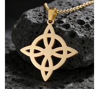 Stainless Steel Witch's Knot Necklace, available in gold and silver two-tone styles. Featuring a Celtic Protection Knot pendant, this Wiccan faith amulet is a unisex clavicle chain.