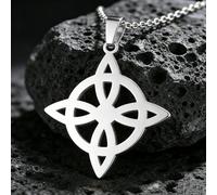 Stainless Steel Witch's Knot Necklace, available in gold and silver two-tone styles. Featuring a Celtic Protection Knot pendant, this Wiccan faith amulet is a unisex clavicle chain.