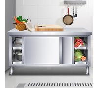 Stainless Steel Work Table Kitchen Prep Table with Sliding Doors Single Pass Kitchen Worktop Storage Cabinets Large Space Storage Cabinet Chopping for Home Restaurant 100x60x80cm