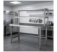 Stainless Steel Workbench with Double-Tier Shelving unit Kitchen Worktable Heavy-Duty Construction Adjustable Shelves Adjustables Legs Quadruple-Folded Edge Design Reinforced Crossbeams