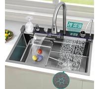Stainless Steel Workstation Kitchen Sink With Waterfall & Digital Display Faucet, Modern Honeycomb Design, Full Accessories Suite & Elegant Piano Switch Controls