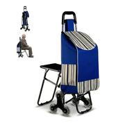 Stair Climbing Shopping Trolley with Seat, 6 Wheel Foldable Grocery Cart, Large Capacity Bag with Metal Frame, Lightweight Waterproof Oxford Cloth for Market, Laundry, Travel (Blue)