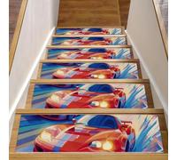 Stair Treads for Wooden Steps Indoor, 15pcs 8" X 30" Anti Slip Stair Mats with TPE Backing for Kids Elders Dogs, (15pc, Cool Race Cars on Bright the Racing Track)