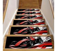 Stair Treads for Wooden Steps Indoor, 15pcs 8" X 30" Anti Slip Stair Mats with TPE Backing for Kids Elders Dogs, (15pc, Speeding Racing Car with Checkered Flag Racetrack)