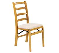 Stakmore Shaker Ladderback Wooden Folding Chairs with Padded Seats, Set of 2 - No Assembly Foldable Dining Chairs, Steel Folding Mechanism, Upholstered Leather Cushion, Space-Saving, Oak Frame