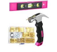 Stalishare Picture Hanging Kit, Picture Hanging Hardware with Hammer and Nails, Level for Hanging Pictures, Women Pink Tool Set Wall Frame Hanging Kit with Hooks/ Wire/ D Ring/ Sawtooth Hanger 100lbs