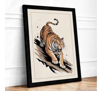 Stalking Tiger Japandi Framed Wall Art Print A2 (59.4×42cm) Black, Wall Decor for Living Room, Bedroom, Office & Home, Ready to Hang, Art Gift