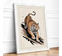 Stalking Tiger Japandi Framed Wall Art Print A2 (59.4×42cm) White, Wall Decor for Living Room, Bedroom, Office & Home, Ready to Hang, Art Gift