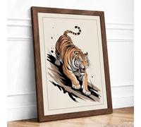 Stalking Tiger Japandi Framed Wall Art Print A3 (42×29.7cm) Walnut, Wall Decor for Living Room, Bedroom, Office & Home, Ready to Hang, Art Gift