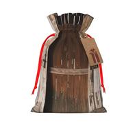 Stall Barn Door Printed Christmas Drawstring Bags Reusable Xmas Bag for Party Xmas Gift Wrapping, Red Ribbon, S