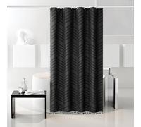 Stall Boho Woven Fabric Shower Curtain 48 x 72 Modern Farmhouse Textured Tufted Chevron Striped Minimalist Black Tassel Bathroom Curtain