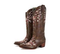 STALOV Cowboy Boots for Women Embroidered Mid Calf Chunky Pull-On Fashion Cowgirl Boot, Brown Flora, 7.5 UK