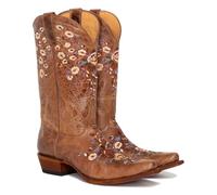 STALOV Cowboy Boots for Women Embroidered Mid Calf Chunky Pull-On Fashion Cowgirl Boot, Brown Flora, 8 UK