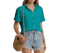 Stamain Shirts for Women Emerald Green Ladies Blouse Short Sleeve Casual Button Up Womens Summer Shirts Summer Loose Fit M
