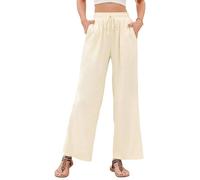 Stamain Wide Leg Trousers for Women UK Beige Summer Beach Trousers with Pocket Ladies Shirred Waist Baggy Lounge Palazzo Pants XL