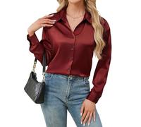 Stamain Wine Red Shirt Women's Satin Blouse Silk Long Sleeve Button Down V Neck Shirts Formal Work Office Top 2XL