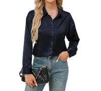 Stamain Women's Long Sleeve Satin Blouse Silk Shirt Casual Button Down Loose Tunic Tops for Executive Office Work Business Navy Blue S