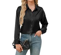 Stamain Women's Satin Silk Shirts Long Sleeve Button Down V Neck Dressy Casual Loose Work Office Blouse Tunic Tops Black L