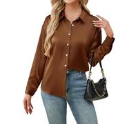 Stamain Women's Satin Silk Shirts Long Sleeve Button Down V Neck Dressy Casual Loose Work Office Blouse Tunic Tops Brown L