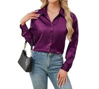 Stamain Women's Satin Silk Shirts Long Sleeve Button Down V Neck Dressy Casual Loose Work Office Blouse Tunic Tops Purple L