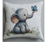 Stamped Cross-Stitch Kit W/Printed Tapestry Canvas - Cute Baby Elephant Playing With Wool Ball 17.7X17.7In(45X45Cm) Stamped Cross-Stitch Cushion Embroidery Kits Set Beginners For Creative Ho