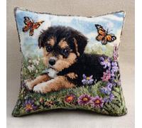 Stamped Cross-Stitch Kit W/Printed Tapestry Canvas - Dog And Butterfly Puppy 17.7X17.7In(45X45Cm) Stamped Cross-Stitch Cushion Embroidery Kits Set Beginners For Creative Home Décor - Needlew