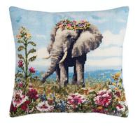 Stamped Cross-Stitch Kit W/Printed Tapestry Canvas - Elephant Standing in A Sea of Flowers 17.7X17.7In(45X45Cm) Stamped Cross-Stitch Cushion Embroidery Kits Set Beginners for Creative Home D