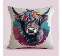 Stamped Cross-Stitch Kit W/Printed Tapestry Canvas - Highland Cow Rainbow 17.7X17.7In(45X45Cm) Stamped Cross-Stitch Cushion Embroidery Kits Set Beginners For Creative Home Décor - Needlework