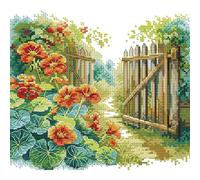 Stamped Cross Stitch Kits for Adults Beginners,Flowers by the Fence 14CT Printed DIY Canvas Pattern, Easy Needlepoint Embroidery Kit Supplies, Home Wall Decor Art Craft Gift 9.84x8.66inch