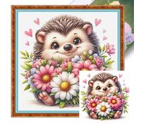 Stamped Cross Stitch Kits for Adults Beginners,Hedgehog and Flowers 18CT Printed DIY Canvas Pattern, Easy Needlepoint Embroidery Kit Supplies, Home Wall Decor Art Craft Gift 9.84x9.84inch