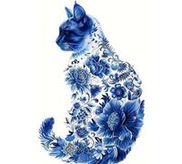 Stamped Cross Stitch Kits for Beginners Adults 11CT 3 Strands Needlepoint Printed 15.75x15.75 inch Blue and White Porcelain Cat Embroidery Kits(11CT Without Frame)