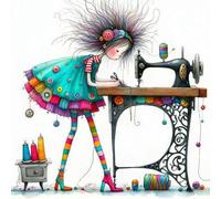 Stamped Cross Stitch Kits for Beginners Adults 11CT 3 Strands Needlepoint Printed 15.75x15.75 inch Sewing Machine Girl B Embroidery Kits(11CT Without Frame)