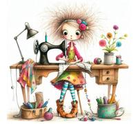 Stamped Cross Stitch Kits for Beginners Adults 11CT 3 Strands Needlepoint Printed 15.75x15.75 inch Sewing Machine Girl A Embroidery Kits(11CT Without Frame)