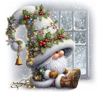 Stamped Cross Stitch Kits for Beginners Adults 11CT 3 Strands Needlepoint Printed 16x16 Inch Christmas Gnome by Window Embroidery Kits(11CT Without Frame)