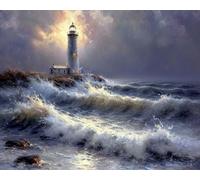 Stamped Cross Stitch Kits, Lonely Lighthouse Against Stormy Sea, Needlepoint Counted Cross Kits for Beginners, Embroidery Kits Arts Home Decor(11CT No Frame,16x20 inch)